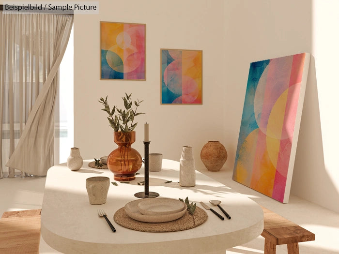 Minimalist dining room with abstract art, ceramic vases, and a rustic table setting under soft natural light.