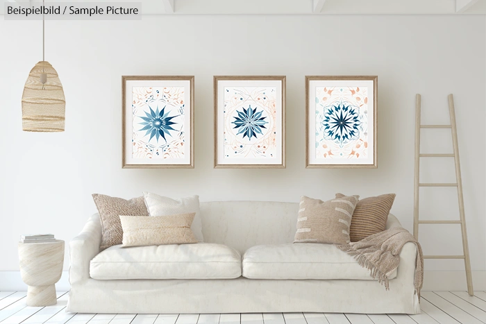 Minimalist living room with white sofa, wooden ladder, and three abstract framed artworks on the wall.