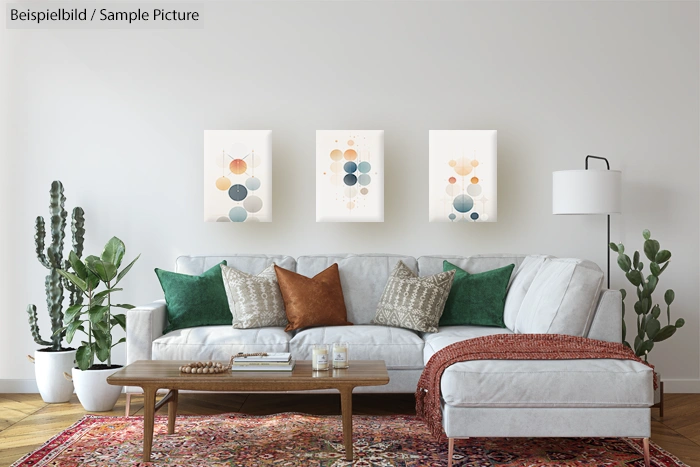 Modern living room with white sofa, colorful pillows, rectangular coffee table, abstract wall art, and indoor plants.