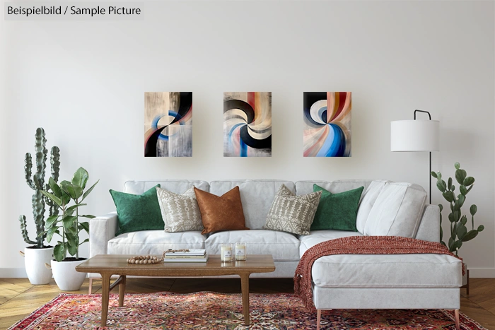 Modern living room with white sofa, colorful cushions, three abstract paintings, floor lamp, and cactus plants.