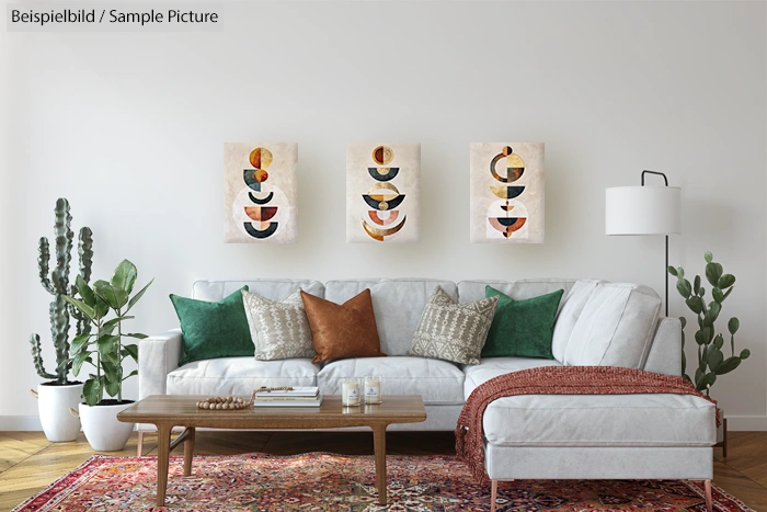 Modern living room with neutral sofa, colorful cushions, abstract art, plants, and wooden coffee table.