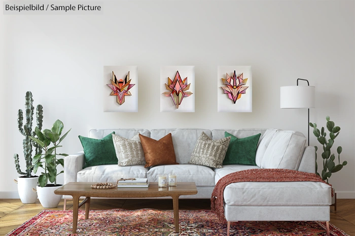 Modern living room with white sofa, colorful pillows, wooden table, plants, and abstract art on the wall.