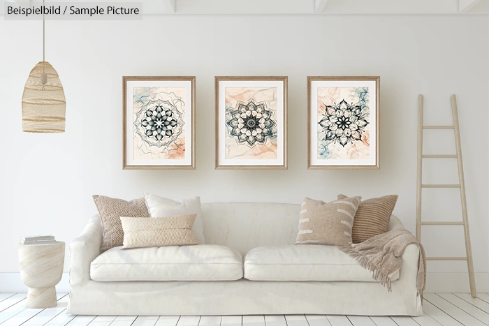 Cozy living room with white sofa, neutral pillows, and three framed mandala art pieces on the wall.