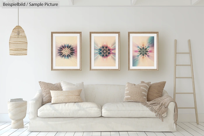 Neutral living room with white sofa, textured pillows, and three abstract artworks on the wall above.