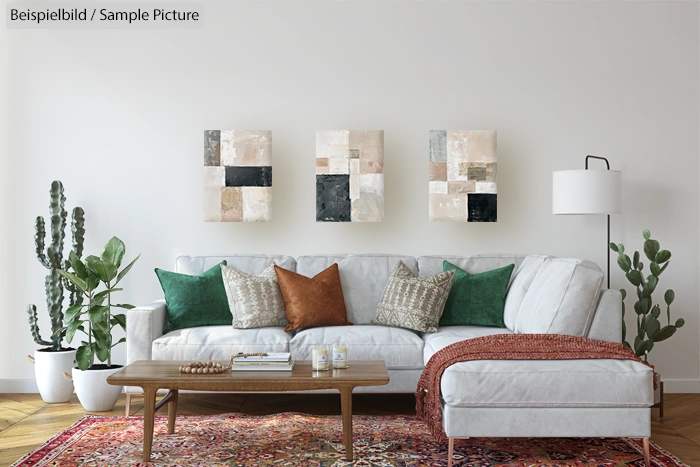 Modern living room with white sofa, colorful cushions, abstract art, plants, and a floor lamp. Cozy and stylish decor.