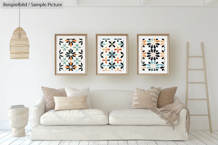 Modern living room with white sofa, beige pillows, and three geometric art prints in wooden frames on the wall.