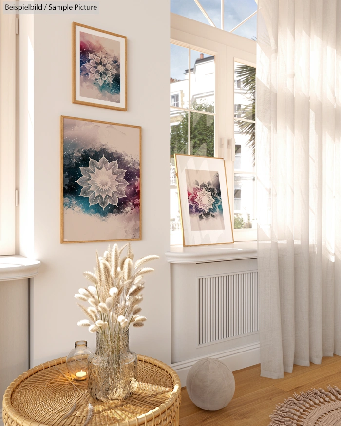 Cozy room with framed abstract art on the wall, wicker table with dried flowers, and sunlight streaming through sheer curtains.