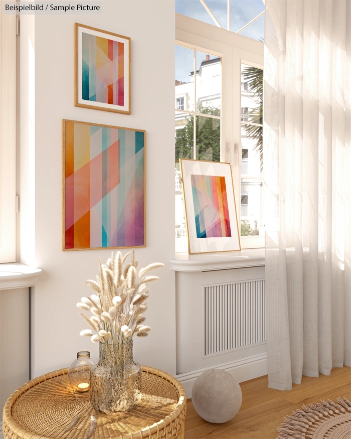 Bright room with abstract colorful art on walls, wicker table with dried flowers, white curtains, and sunlight filtering in.