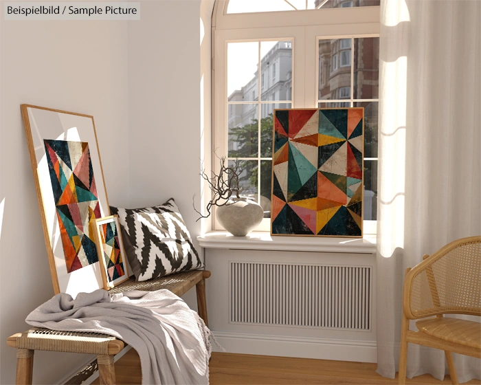 Cozy room with geometric art, wooden chairs, and a sunlit window view of urban buildings.