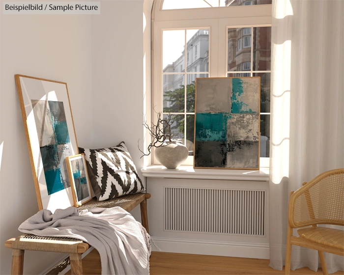 Modern living room corner with abstract paintings, wicker chair, geometric cushion, and large window with city view.