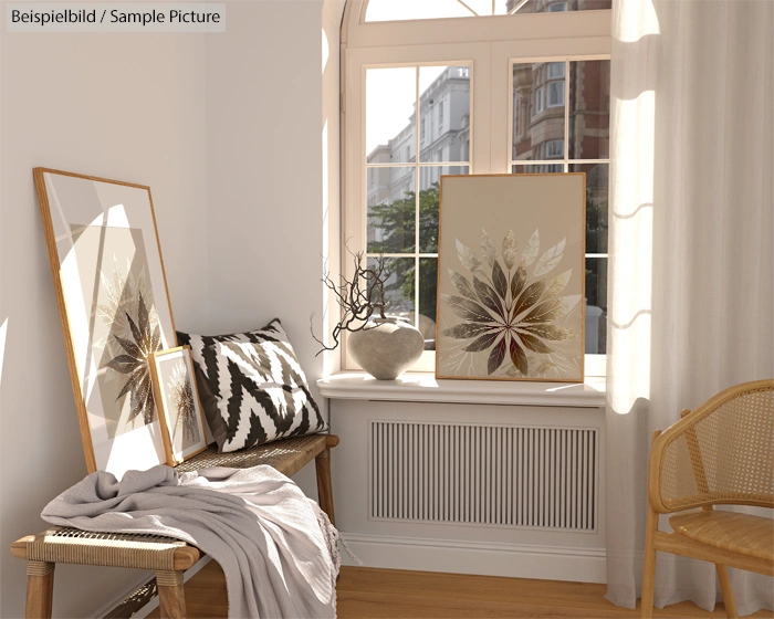 Cozy room with chairs, plant art, and patterned pillows by a sunny window.