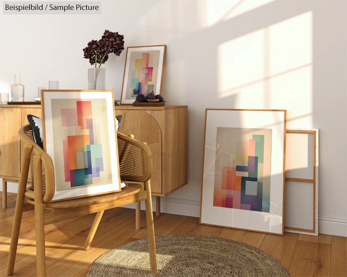 Minimalist room with abstract art prints in frames on the floor and console, sunlight casting shadows, wicker chair.