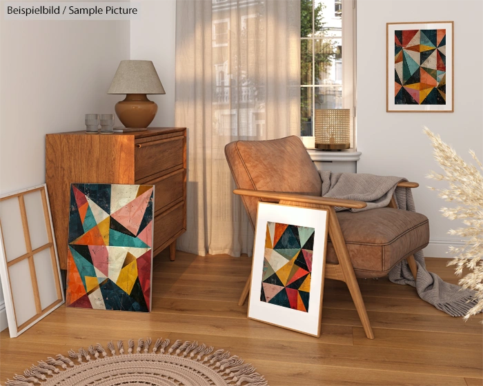 Cozy room with a chair, wooden dresser, rug, and geometric artwork on floor and wall, with natural light through window.