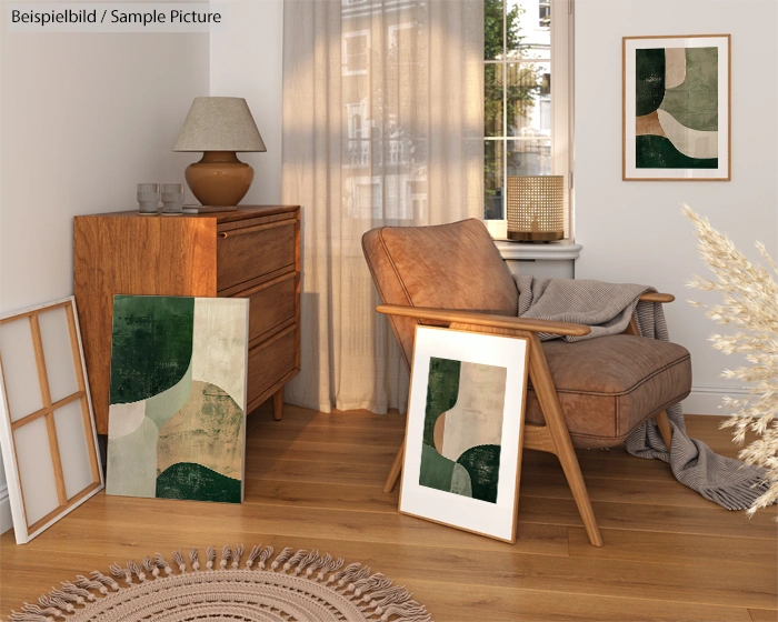 Cozy room with abstract art, wooden dresser, armchair, and a circular rug. Sunlight streams through a window.