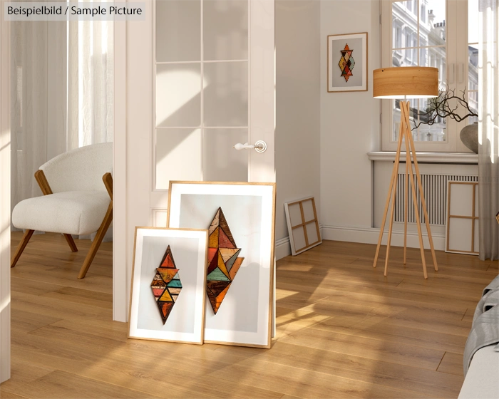 Bright room with wooden floor, two geometric art frames on the floor, modern chair, and a tripod lamp with white shade.