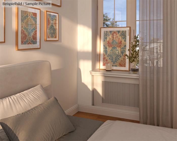 Cozy bedroom with framed art, neutral bedding, and sunlight streaming through a window with light curtains.