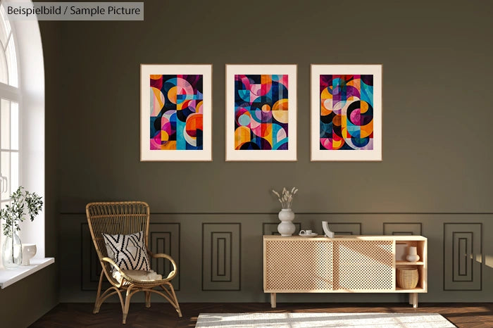 Modern living room with abstract colorful art, wicker chair, and a wooden console under triptych paintings.