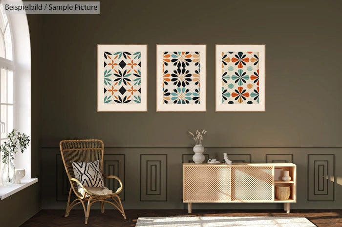 Stylish living room with rattan chair, modern wood cabinet, and three colorful geometric art pieces on olive green wall.