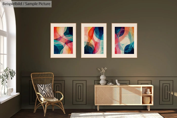 Interior room with three colorful abstract paintings, rattan chair, wooden sideboard, and decorative plants.