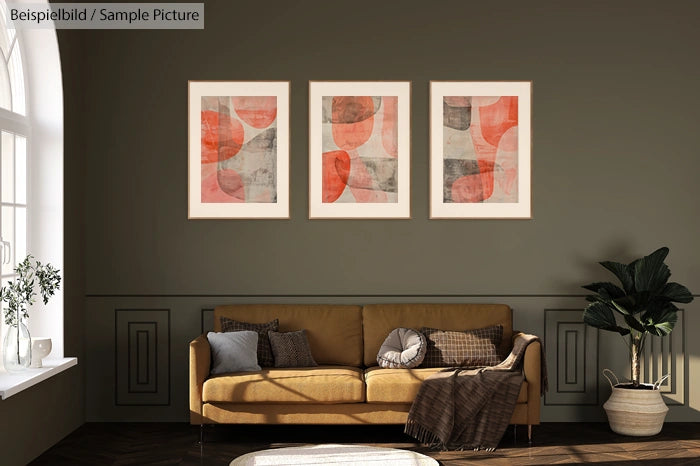 Living room with a brown sofa, three abstract paintings, and a potted plant next to a window.