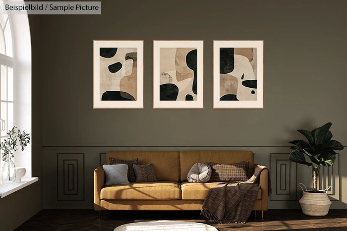 Modern living room with abstract art, brown sofa, pillows, and potted plant. Three artworks hang on a green wall.