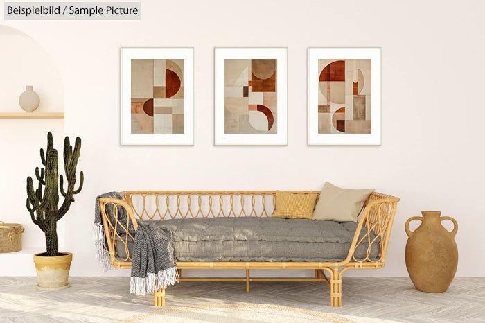 Stylish living room with rattan sofa, decorative cushions, cactus, tall vase, and three abstract art pieces on the wall.