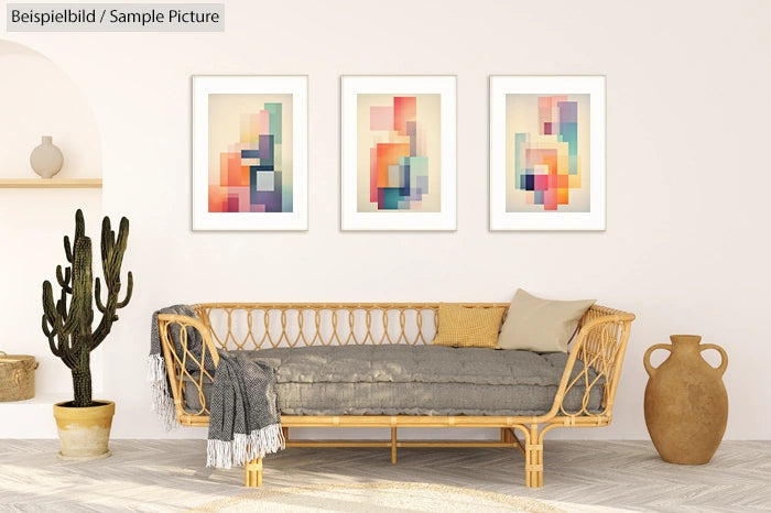 Neutral-toned living room with wicker sofa, abstract art on walls, cactus plant, and large decorative vase.