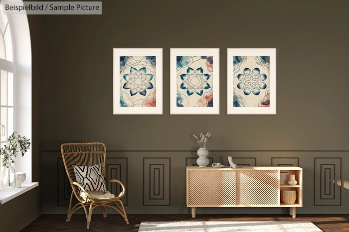 Stylish living room with three geometric art prints on a dark wall, a wicker chair, and a light wooden sideboard.