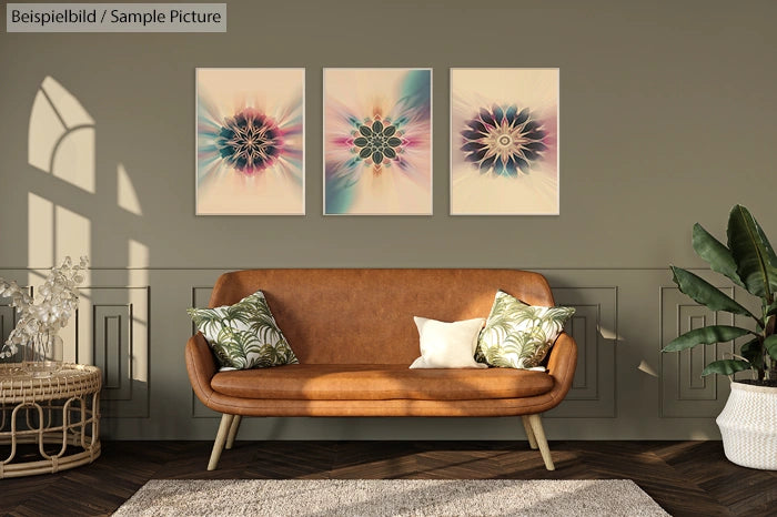 Stylish living room with tan leather sofa, decorative pillows, abstract art, potted plant, and rattan side table.