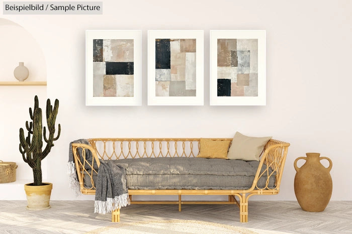 Rattan sofa in beige room with abstract paintings and cactus plant, creating a modern, cozy interior design.