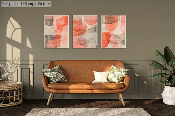 Living room with brown sofa, green pillows, abstract floral wall art, and plant decor in natural sunlight.