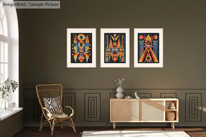 Stylish living room with abstract art, wicker chair, and modern sideboard against a dark green wall.