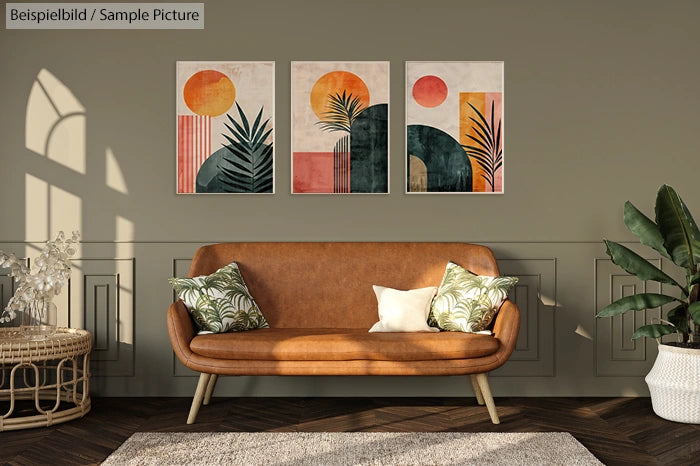 Stylish living room with a brown leather couch, abstract art, and lush plants in a sunlit setting.