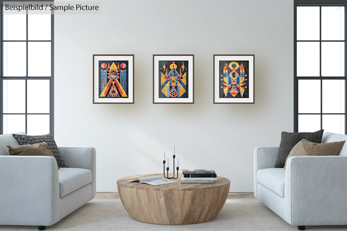 Modern living room with three colorful geometric art pieces on wall, two white sofas, and a round wooden coffee table.