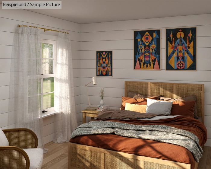 Cozy bedroom with bohemian decor, wicker bed, vibrant geometric art, and a window letting in natural light.