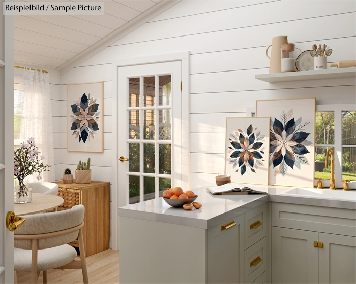 Bright kitchen with floral artwork, white cabinets, fruit bowl on counter, and windowed door opening to sunny patio.