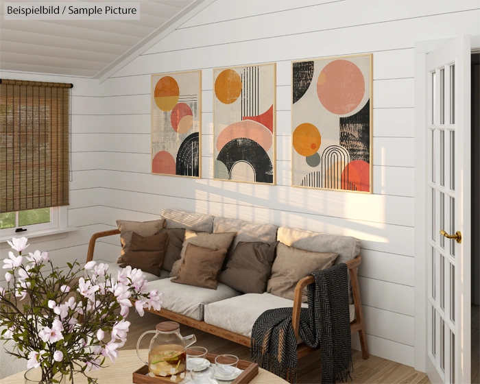 Cozy living room with beige couch, abstract artwork, and flower vase on table in a white paneled room.