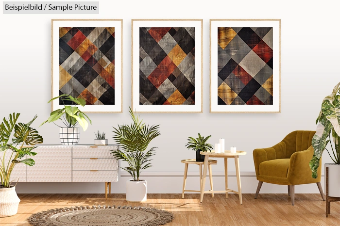 Modern living room with geometric art, potted plants, mustard armchair, and a woven rug on wooden floor.