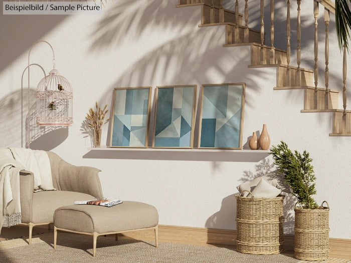 Modern living room with neutral tones, featuring abstract art, wicker baskets, and a cozy armchair under stairs.