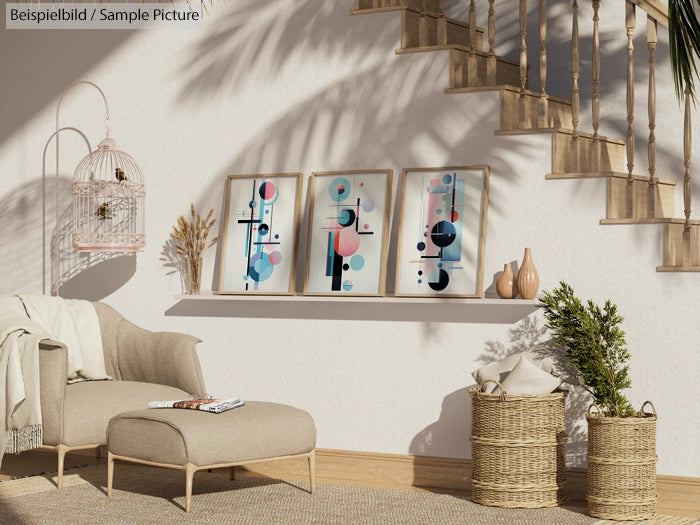 Modern living room with abstract art, beige sofa, woven baskets, and sunlight casting shadows on a staircase.