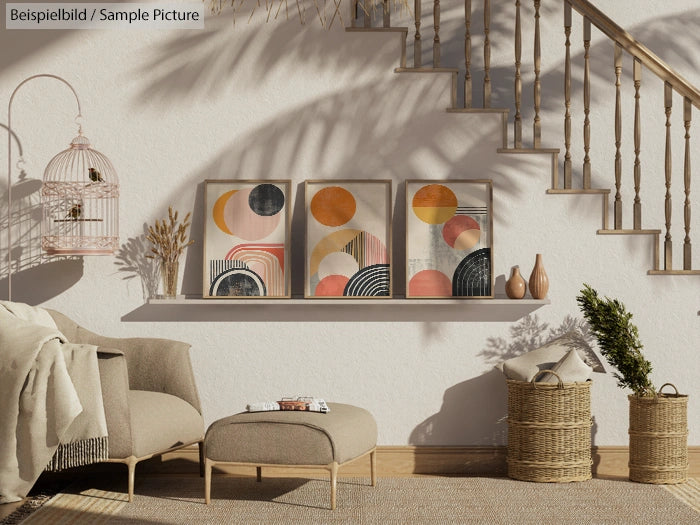 Cozy living room with abstract art, chair, ottoman, basket, and plant on a shelf beneath a stairway shadow.