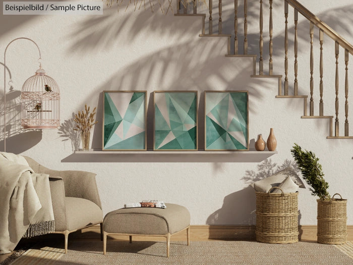 Cozy living room with neutral decor, abstract teal art, wicker basket, and sunlight casting shadows on the wall.