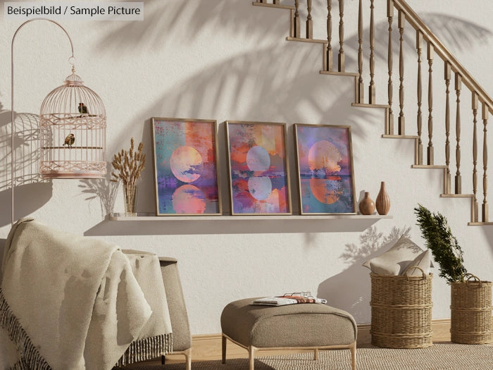 Cozy room with three framed abstract paintings on a shelf, wicker furniture, and a pastel birdcage with birds.