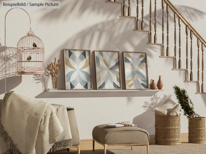 Modern living room with geometric art, wicker decor, and a birdcage beside a staircase casting shadows on white walls.