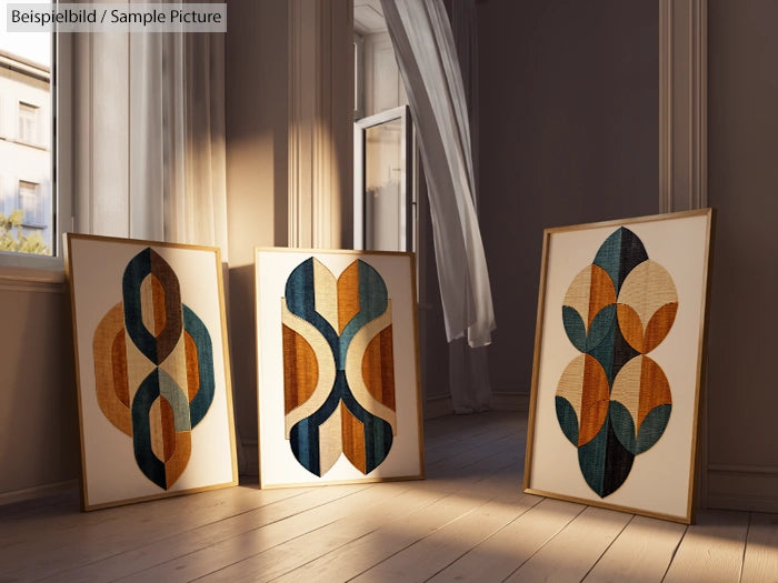 Three abstract geometric artworks in frames, with natural light from a window illuminating the wooden floor.