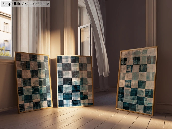 Three abstract mosaic artworks in frames, displayed on a wooden floor with sunlight streaming through a window.