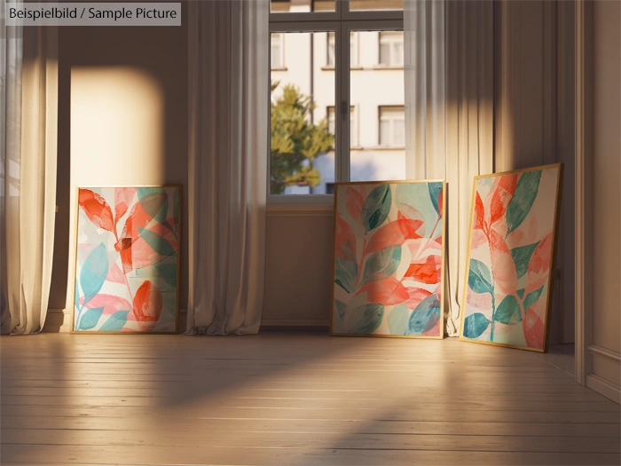 Sunny room with three colorful abstract paintings leaning against the wall near a window.