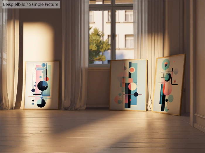 Three abstract paintings with geometric shapes leaning against a wall in a sunlit room.