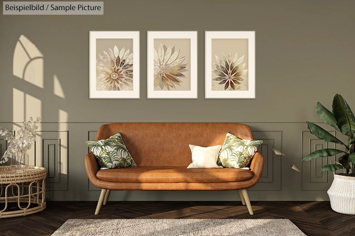 Stylish living room with brown leather sofa, green cushions, plant, and three floral wall art pieces.