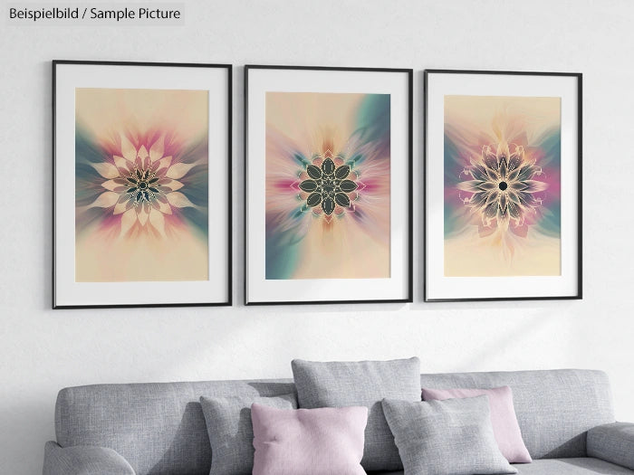 Living room with three framed abstract flower art prints above a gray sofa.